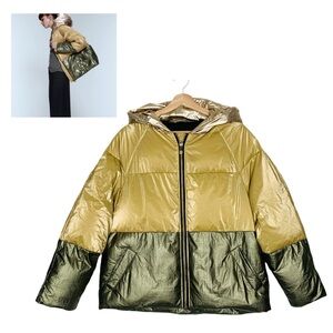 Zara Metallic Two-Tone Hooded Puffer Jacket - Gold & Olive